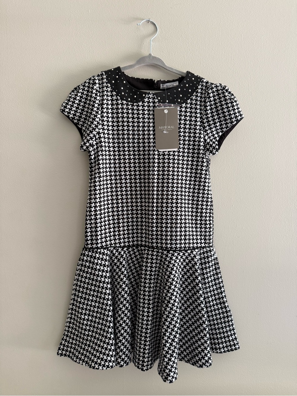 NWT Mayoral Black and White Houndstooth Girls Dress with Peter Pan Collar Size 9